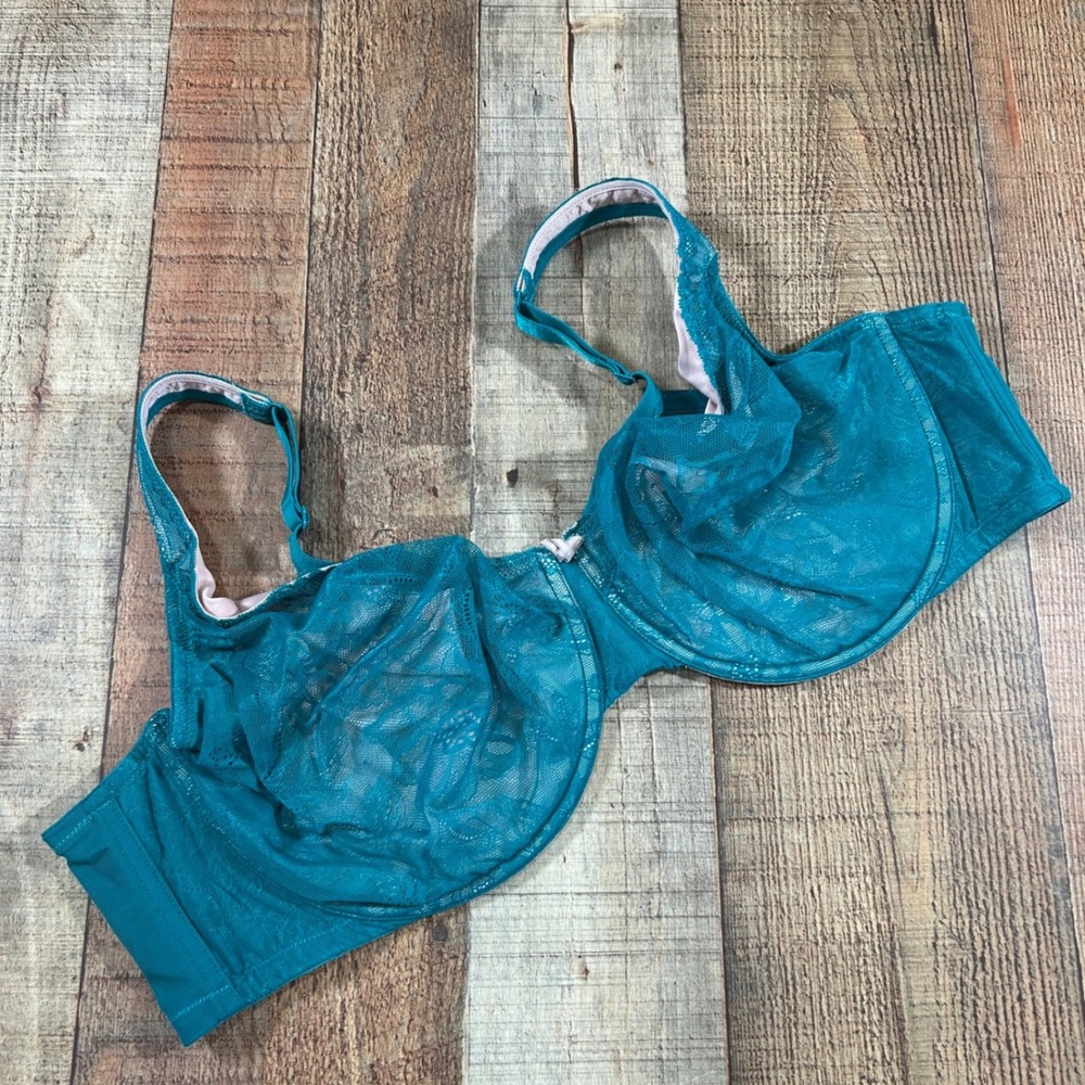 Cacique Modern Lace Bra 48D Teal Green Underwire Full Coverage Pink